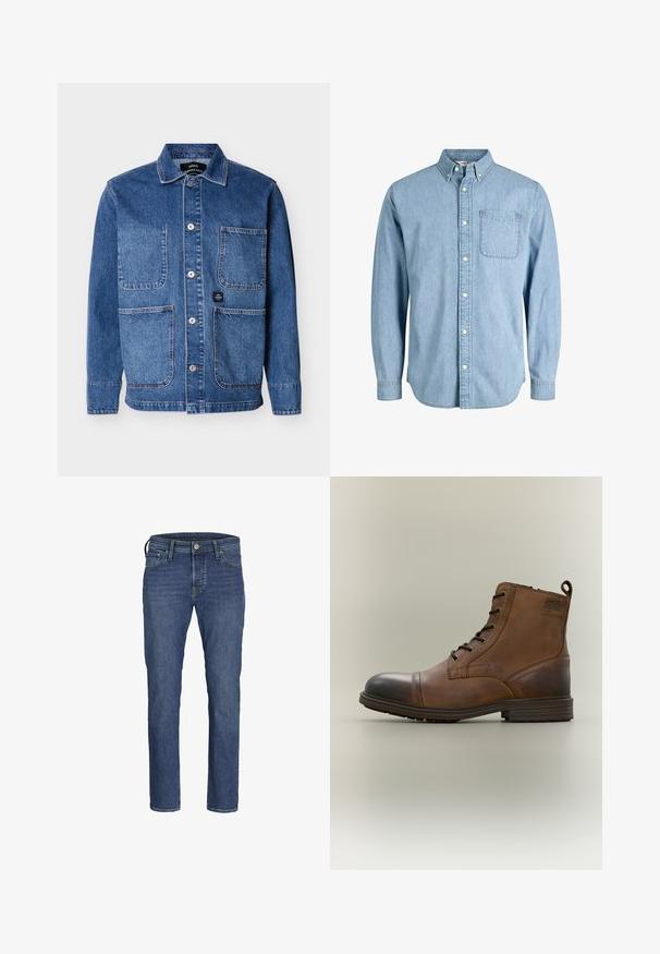 Blå denimjakke med knapper og fire forlommer samt krave, vist på en ensartet lys baggrund.; Lyseblå denimskjorte med knapper, lange ærmer, krave, brystlomme og subtil tekstur. Har hvide knapper langs knapstolpen.; Herre blå denim jeans med lige ben-design, fem lommers styling og klassisk knap- og lynlåslukning.; Brun læderstøvle med snørebånd, sort tåhætte, rund sål og mærket detalje på siden mod ensfarvet baggrund.