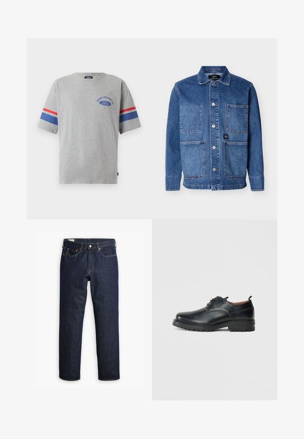 Blauwe denim jack met knopen, vier voorzakken en een kraag, getoond tegen een effen lichte achtergrond.; Grijze katoenen T-shirt met korte mouwen, met blauwe en rode strepen op de mouwen en het "Ford Motor Co" logo in het blauw op de borst.; Donkerblauwe denim jeans met een rechte snit, uitgerust met een vijfzakkenstijl, zichtbare stiksels en een klassieke knoopsluiting.; Zwarte leren derby schoenen met een gladde textuur, ronde neus, vetersluiting en een dikke, robuuste rubberen zool.
