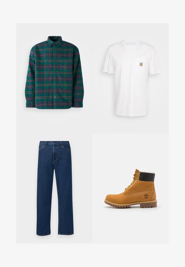Grøn og marineblå ternet flannel skjorte med knaplukning, krave og single brystlomme. Har gule og burgunder accentstriber.; Hvid bomulds T-shirt med korte ærmer, en brystlomme, og et lille firkantet logo patch i orange og hvid på lommen.; Mørkeblå straight-leg denim jeans med forhåndslommer og knaplukning, vist på en ensfarvet hvid baggrund.; Brune læder ankelstøvle med metaløjer, hvid pelsforing, sort polstret krave, robust sål og præget logo på siden.