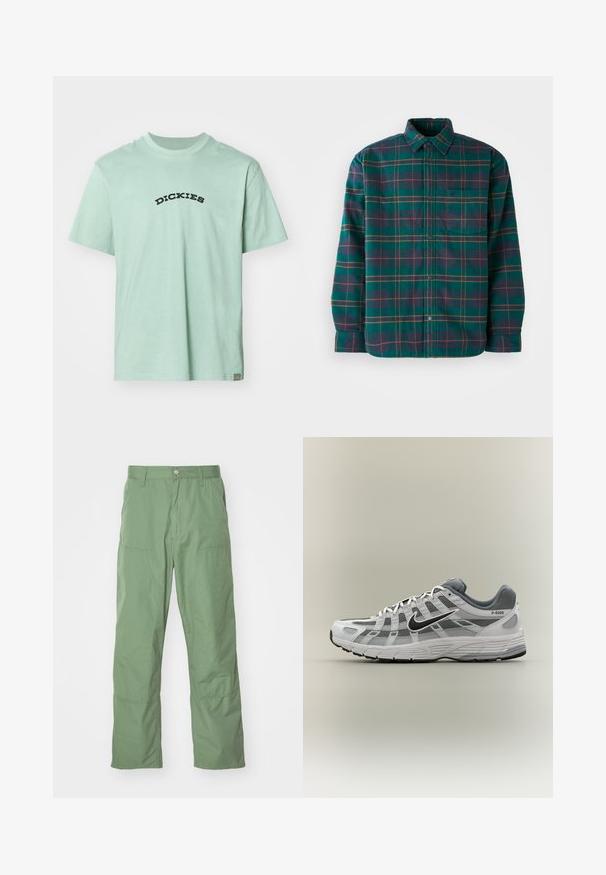 Camisa de franela a cuadros verdes y marinos con cierre de botones, cuello y un bolsillo en el pecho. Presenta rayas de acento en amarillo y burdeos.; Camiseta de algodón verde claro con un logo en negro en forma curva de "DICKIES" en el frente. Cuello redondo clásico y mangas cortas. Diseño minimalista.; Pantalones de corte relajado en un suave tono verde claro, con una textura lisa, que incluyen bolsillos laterales y detalles de costura visibles. De largo completo con un diseño de pierna recta.; Zapatilla Nike P-6000 blanca y gris con swoosh negro, paneles de malla y suela texturizada, mostrada de perfil sobre un fondo neutro.