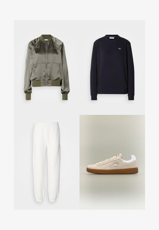 Veste bomber vert olive en satin, dotée d'une fermeture éclair à l'avant, de poignets et d'un ourlet côtelés, avec un logo brodé sur la poitrine.; Sweatshirt noir à manches longues Lacoste, col rond, avec logo crocodile vert brodé sur la poitrine gauche, sur fond blanc.; Pantalon de survêtement blanc en tissu tricoté doux. La taille et les poignets élastiques assurent une coupe décontractée. Design minimaliste, sans motifs ni accents visibles.; Baskets en daim beige avec accents blancs et semelle en caoutchouc. Présentent un logo en relief sur le côté et des lacets beiges contrastants. Design classique.