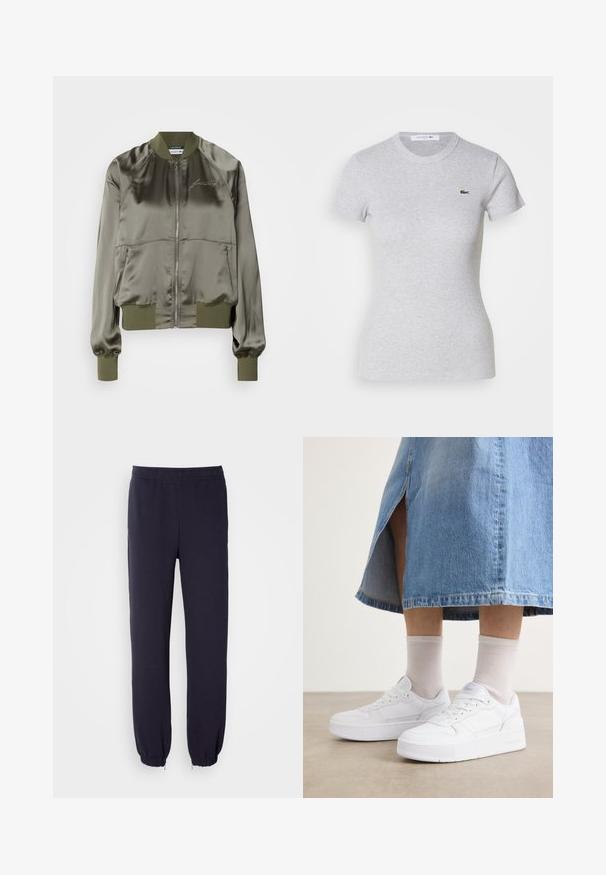 Veste bomber vert olive en satin, dotée d'une fermeture éclair à l'avant, de poignets et d'un ourlet côtelés, avec un logo brodé sur la poitrine.; T-shirt gris clair ajusté à manches courtes avec un col rond et un petit logo de crocodile vert Lacoste sur la poitrine gauche.; Pantalons de survêtement navy avec une taille élastique et des ourlets resserrés. Fabriqués à partir d'un tissu doux avec une texture lisse, sans motifs ni embellissements visibles.; Baskets blanches en cuir texturé, avec une semelle épaisse, un bout rond et un système de laçage ; associées à des chaussettes unisexe gris clair et à une jupe en denim.