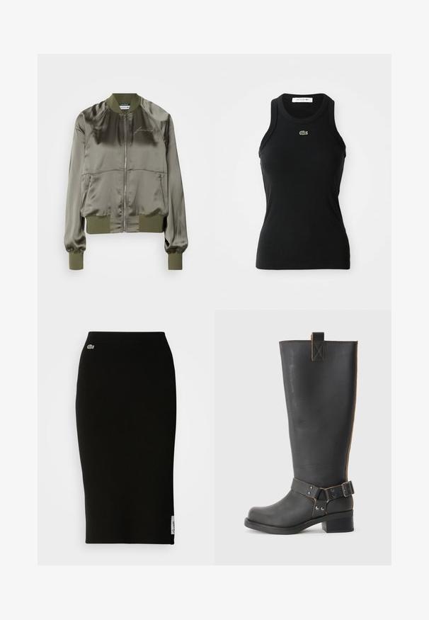 Olijfgroene bomberjack van satijnmateriaal, met een rits aan de voorkant, ribben bij de manchetten en onderrand, en een geborduurd logo op de borst.; Zwart mouwloos geribbeld tanktop met een ronde hals en een klein groen Lacoste krokodillenlogo gecentreerd onder de halslijn.; Zwarte geribbelde gebreide midi-rok met een nauwsluitende silhouet. Kleine Lacoste-logo detail op de tailleband, met een gladde textuur.; Zwarte leren knie- hoog laars met een gestructureerde afwerking, voorzien van een zijgesp accent en een lage hak. Gedetailleerde stiksels langs de naden.