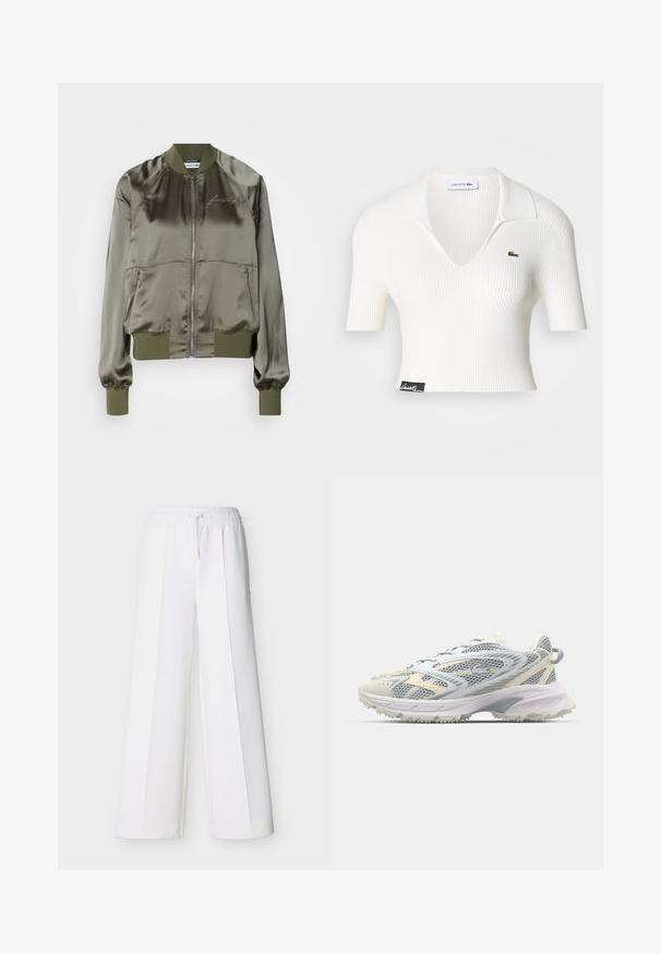 Olijfgroene bomberjack van satijnmateriaal, met een rits aan de voorkant, ribben bij de manchetten en onderrand, en een geborduurd logo op de borst.; Witte geribbelde cropped polo met een V-hals, korte mouwen en een groen Lacoste krokodil logo op de linkerborst. Zwart label aan de zoom.; Witte, wijdvallende broek met elastische tailleband en trekkoord. Gemaakt van zachte stof met verticale naden voor een op maat gemaakte uitstraling.; Athletische schoen van mesh in grijs en crème, met een gestructureerd bovenwerk, versterkte neus en een lichtgekleurde, robuuste buitenzool voor grip.