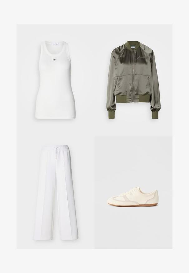 Veste bomber vert olive en satin, dotée d'une fermeture éclair à l'avant, de poignets et d'un ourlet côtelés, avec un logo brodé sur la poitrine.; Débardeur blanc sans manches avec un col rond et une texture côtelée. Présente un petit logo crocodile vert de Lacoste sur la poitrine.; Pantalon blanc à jambes larges avec une ceinture élastique et un cordon de serrage. Confectionné en tissu doux avec des coutures verticales pour un look ajusté.; Baskets couleur crème avec une tige en daim et tissu, un bout arrondi, et une semelle en caoutchouc avec un détail accent beige. Fermeture à lacets.