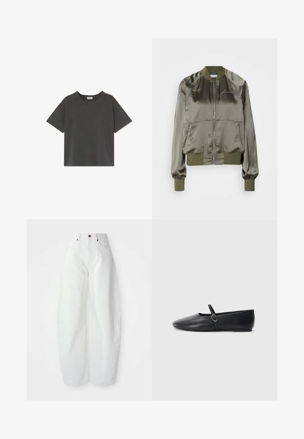 Chaqueta bomber verde oliva en material satinado, con cremallera frontal, puños y dobladillo acanalados, y con logotipo bordado en el pecho.; Camiseta de manga corta color gris carbón con cuello redondo, dobladillo recto y costuras visibles en las mangas y el cuello.; Pantalones de mezclilla blancos de tiro alto con un corte holgado. Presentan un cierre de botón, bolsillos laterales y un diseño minimalista. Textura suave.; Bailarinas de cuero negro con punta afilada, suela plana y una pequeña correa con detalle de hebilla plateada.