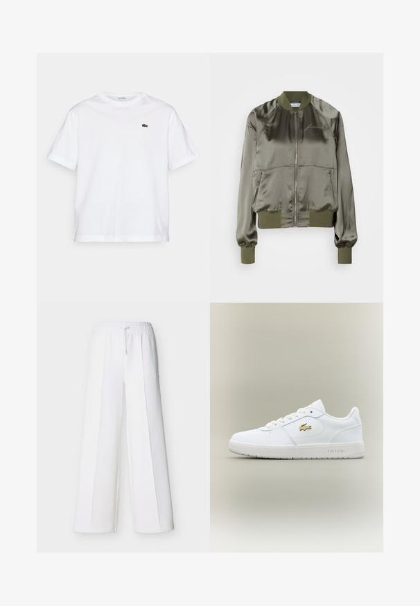 Veste bomber vert olive en satin, dotée d'une fermeture éclair à l'avant, de poignets et d'un ourlet côtelés, avec un logo brodé sur la poitrine.; T-shirt en coton blanc avec un col rond et des manches courtes. Présente un logo brodé vert sur la poitrine. Texture douce, coupe décontractée.; Pantalon blanc à jambes larges avec une ceinture élastique et un cordon de serrage. Confectionné en tissu doux avec des coutures verticales pour un look ajusté.; Baskets en cuir blanc avec un design basse, bout arrondi, fermeture à lacets et un accent du logo doré Lacoste sur le côté.