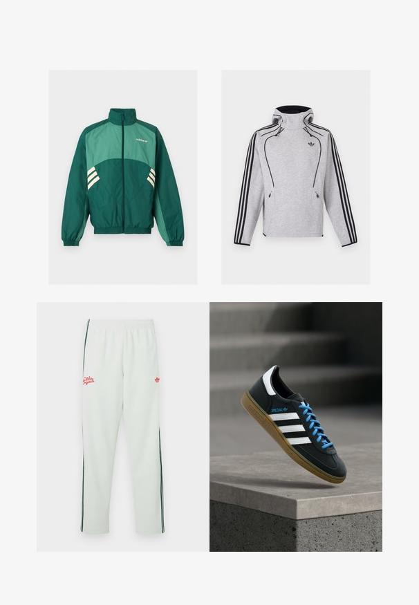 Πράσινο αθλητικό μπουφάν Adidas με φερμουάρ μπροστά, ψηλό γιακά, ελαστικές μανσέτες και τελείωμα, ανοιχτό πράσινα πάνελ και λευκές ρίγες στα πλαϊνά.; Ανοιχτό γκρι φούτερ Adidas με κουκούλα, μαύρες ρίγες στα μανίκια, μαύρο περίγραμμα, τσέπες με φερμουάρ και το λογότυπο Adidas Trefoil στο στήθος.; Ανοιχτό πράσινο παντελόνι φόρμας με ελαστική μέση, διαθέτει κόκκινο κεντημένο λογότυπο και πράσινες πλευρικές ρίγες. Απαλό ύφασμα με χαλαρή εφαρμογή.; Μαύρο αθλητικό παπούτσι Adidas με λευκές ρίγες, μπλε κορδόνια και καουτσούκ σόλα να αιωρείται πάνω από γκρίζο τσιμεντένιο σκαλοπάτι σε απαλό φως.