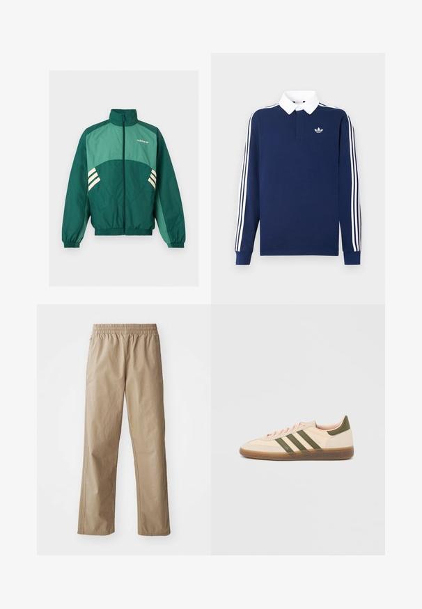 Zelená športová bunda Adidas s predným zipsom, vysokým golierom, elastickými manžetami a lemom, svetlozelenými panelmi a bielymi pruhmi po bokoch.; Tmavomodrá polokošeľa s dlhým rukávom, bavlnená tkanina, biely golier, s klasickými tromi bielymi pruhmi na rukávoch, s malým logom na hrudi.; Béžové ľahké nohavice s elastickým pásom, rovnými nohavicami a bočnými vreckami. Hladká textúra s jemnými švami.; Nízky béžový tenisky Adidas Spezial so zelenými pruhmi, gumovou podrážkou a nápisom „SPEZIAL“ na boku, zobrazené z vonkajšej strany.