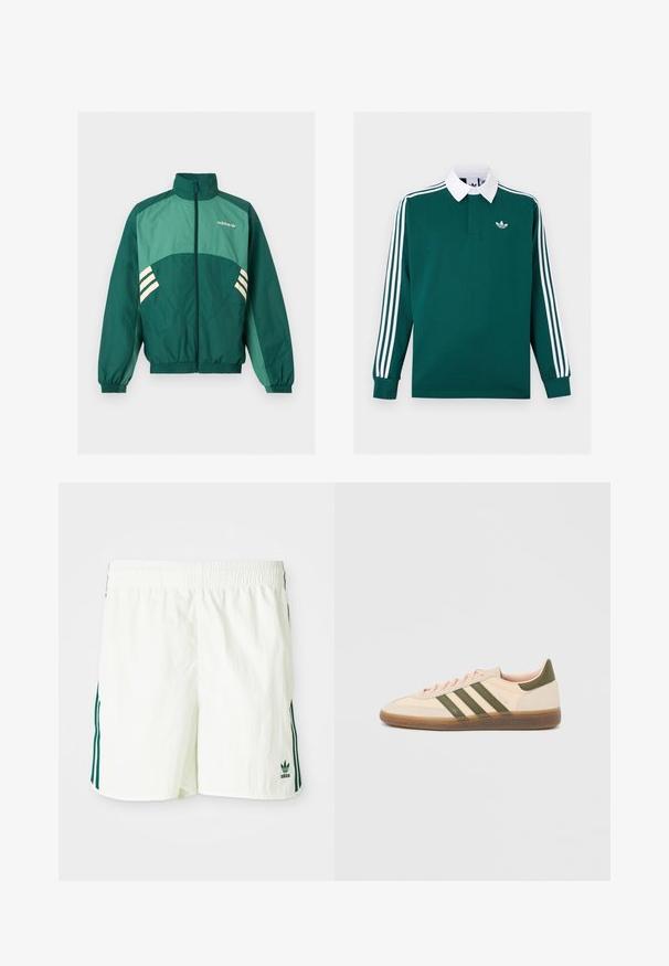 Vihreä Adidas-tunturipuku, jossa edessä vetoketju, korkea kaulus, joustavat hihansuut ja helma, vaaleanvihreät paneelit ja valkoiset raidat sivuilla.; Tummanvihreä rugby-paita, jossa pitkät hihat, valkoinen kaulus, hihassa kolme valkoista raitaa ja pieni valkoinen Adidas-logo rinnassa.; Valkoiset shortsit, joissa on joustava vyötärö, ja sivuilla vihreitä pystysuoria raitoja sekä vihreä brodeerattu Adidas-logo.; Matala profiilinen beige Adidas Spezial -lenkkarit vihreillä raidoilla, kumipohjalla ja "SPEZIAL"-logolla sivussa, kuvattuna ulkopuolelta.