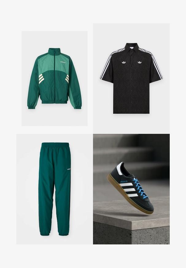 Grüne Adidas Trainingsjacke mit Frontreißverschluss, hohem Kragen, elastischen Bündchen und Saum, hellgrünen Einsätzen und weißen Streifen an den Seiten.; Schwarzes kurzärmeliges Hemd mit Knopfleiste, dezentem Flammenmuster, weißen Adidas-Trefoil-Logos auf der Brust und weißen drei Streifen an den Ärmeln.; Grüne Sporthosen aus leichtem Material, mit einem elastischen Bund, Seitentaschen und schwarzen Seitenstreifen. Adidas-Logo sichtbar.; Schwarzer Adidas-Sneaker mit weißen Streifen, blauen Schnürsenkeln und Gummisohle, der über einer grauen Betontreppe im weichen Licht schwebt.