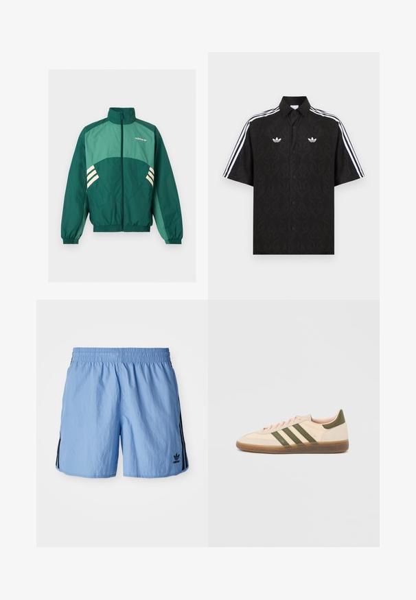Roheline Adidas trennipluus esilukuga, kõrge kraega, elastsete varrukate ja äärega, heleroheliste paneelide ja valgete triipudega külgedel.; Must lühikeste varrukatega särk, millel on peen leekide muster, valged Adidas Trefoil logod rinnal ja valged kolmiktriibud varrukatel.; Heledad sinised spordilühikesed püksid, millel on elastne vöökoht, musta külgtriibu ja alumises paremas nurgas must tikandlogo.; Madalprofiilne beež Adidas Spezial toss rohelist värvi triipude, kummist tallaga ja "SPEZIAL" brändinguga küljel, nähtav välisküljelt.