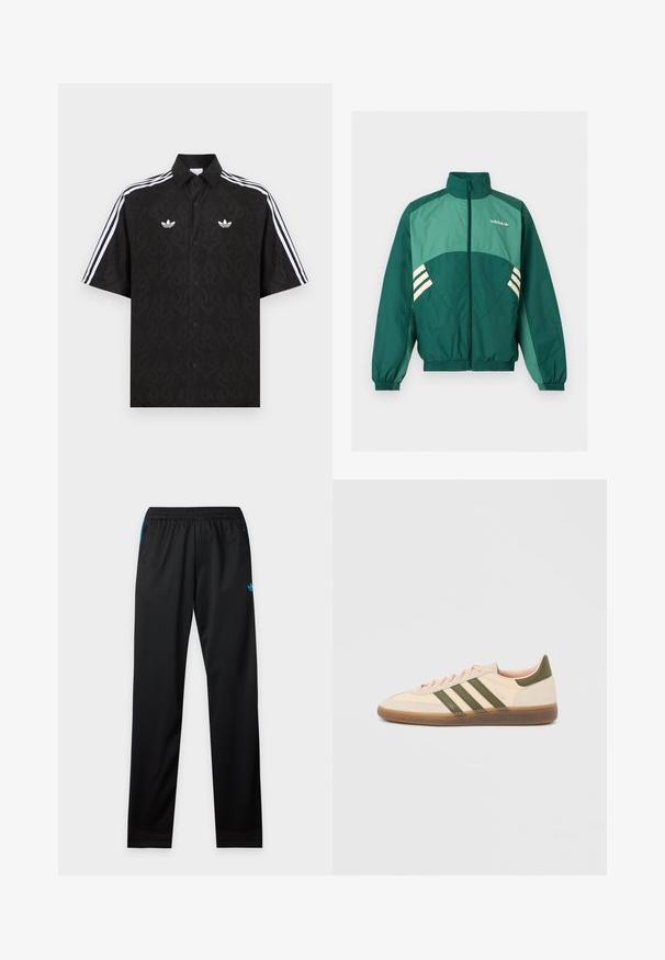Πράσινο αθλητικό μπουφάν Adidas με φερμουάρ μπροστά, ψηλό γιακά, ελαστικές μανσέτες και τελείωμα, ανοιχτό πράσινα πάνελ και λευκές ρίγες στα πλαϊνά.; Μαύρο πουκάμισο με κοντό μανίκι και κουμπιά, με διακριτικό μοτίβο φλόγας, λευκά λογότυπα Adidas trefoil στο στήθος και λευκές τριπλές ρίγες στα μανίκια.; Μαύρο αθλητικό παντελόνι με ελαστική μέση, πλαϊνές τσέπες με φερμουάρ και μικρό μπλε λογότυπο Adidas στο πάνω αριστερό μηρό.; Χαμηλού προφίλ μπεζ αθλητικό παπούτσι Adidas Spezial με πράσινες ρίγες, σόλα από καουτσούκ και την επωνυμία "SPEZIAL" στην πλευρά, εμφανίζεται από την εξωτερική πλευρά.