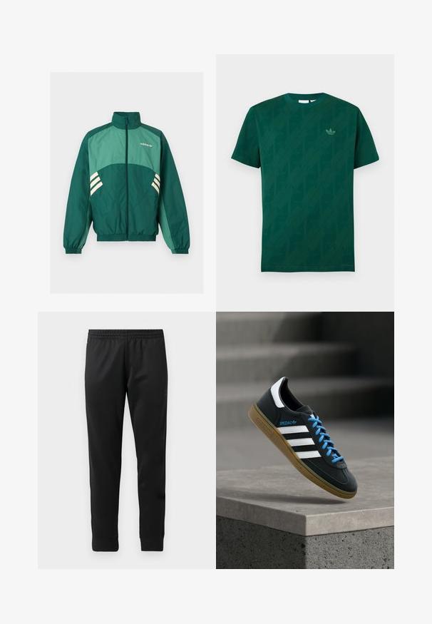 Grøn Adidas træningsjakke med frontlynlås, høj krave, elastiske manchetter og kant, lysegrønne paneler og hvide striber på siderne.; Mørkegrøn T-shirt med korte ærmer og rund hals, med subtile diagonale Adidas Trefoil logoer og et lille Trefoil logo på venstre bryst.; Sorte træningsbukser lavet af glat stof, med elastisk talje, tætsiddende ben og ribbede manchetter ved anklerne.; Sort Adidas sneaker med hvide striber, blå snørebånd og gummisål, der svæver over gråt betontrin i blødt lys.