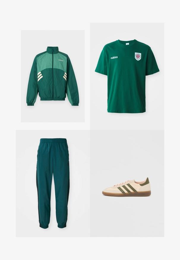Grüne Adidas Trainingsjacke mit Frontreißverschluss, hohem Kragen, elastischen Bündchen und Saum, hellgrünen Einsätzen und weißen Streifen an den Seiten.; Grünes Baumwoll-T-Shirt mit Rundhalsausschnitt, kurzen Ärmeln, Adidas-Logo auf der linken Seite und einem runden Emblem mit rotem Design auf der rechten Seite.; Türkise Sporthose mit einem Kordelzugbund, elastischen Bündchen und seitlichen schwarzen Streifen. Hergestellt aus leichtem Stoff und mit einem Logo in der Nähe der Hüfte.; Flacher, beigefarbener Adidas Spezial Sneaker mit grünen Streifen, Gummisohle und "SPEZIAL" Schriftzug an der Seite, von der Außenseite gezeigt.