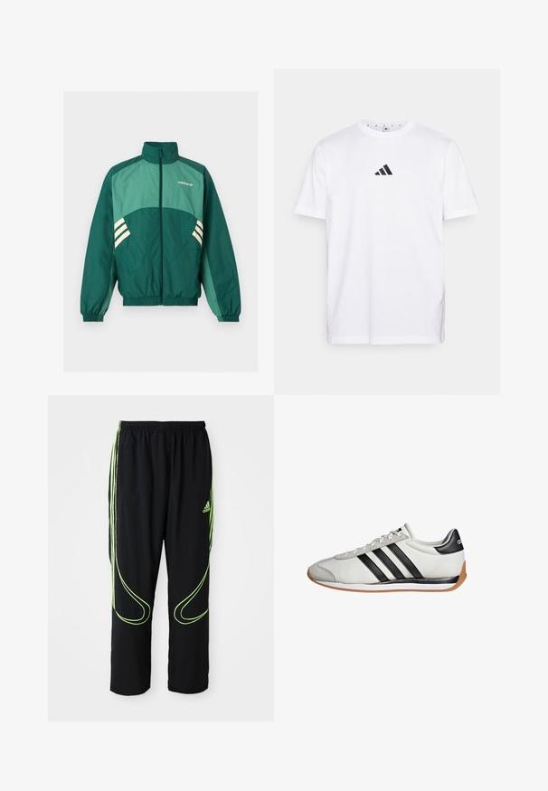 Groene Adidas trainingsjas met een rits aan de voorkant, hoge kraag, elastische manchetten en zoom, lichtgroene panelen en witte strepen aan de zijkanten.; Witte katoenen T-shirt met een klein zwart driehoekig logo op de borst, korte mouwen en een ronde halslijn. Eenvoudig en klassiek ontwerp.; Zwarte Adidas sportbroek met neon groene gebogen lijnen en drie strepen aan de zijkanten, elastische tailleband en het Adidas-logo op de voorkant van de bovenbenen.; Witte sneaker met zwarte strepen, grijze suède neus, gumzool en een zwarte hielband met een laag profiel ontwerp.