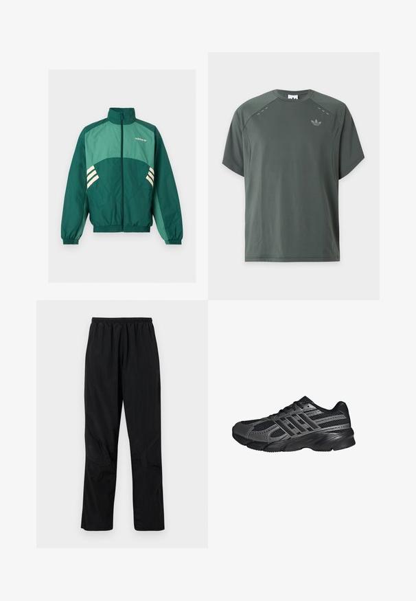 Zelená športová bunda Adidas s predným zipsom, vysokým golierom, elastickými manžetami a lemom, svetlozelenými panelmi a bielymi pruhmi po bokoch.; Tmavo zelené tričko s krátkym rukávom, okrúhlym výstrihom a malým logom Adidas na ľavej strane hrude na jednofarebnom svetlom pozadí.; Čierne nylonové nohavice s elastickým pásom, s ľahkým textúrovaným povrchom a akcentmi na švoch pre moderný dizajn.; Čierne športové topánky vyrobené z pletiva a syntetických materiálov, s textúrovaným povrchom, viacerými šedými pruhmi a polstrovaným golierom.