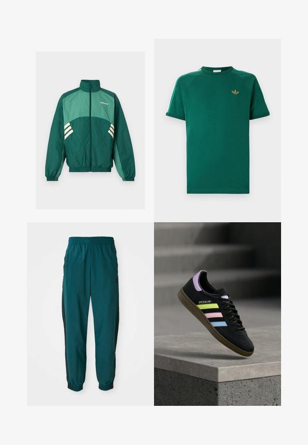 Zelená športová bunda Adidas s predným zipsom, vysokým golierom, elastickými manžetami a lemom, svetlozelenými panelmi a bielymi pruhmi po bokoch.; Zelené tričko Adidas s krátkym rukávom a okrúhlym výstrihom, zlatým logom trelej lístka na hrudi a bielymi pruhmi so zelenými okrajmi na ramenách.; Tyrkysové športové nohavice s viazaním v páse, elastickými manžetami a bočnými čiernymi pruhmi. Vyrobené z ľahkej tkaniny, s logom blízko bedra.; Čierna teniska Adidas Spezial s pastelovo žltými, ružovými a modrými pruhmi, levanduľovým jazýčkom na päte a hnedou podrážkou, vznášajúca sa nad betónovou hranou.