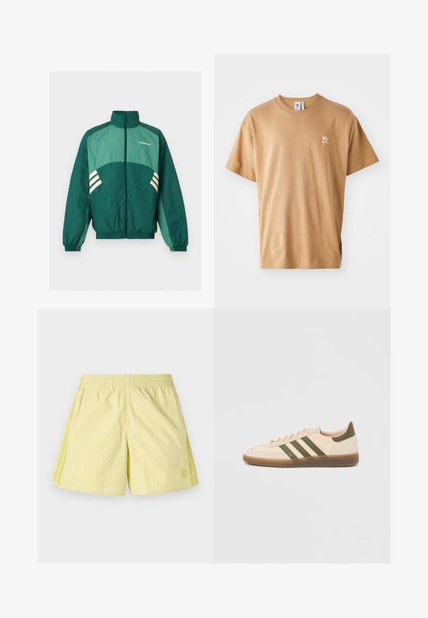 Πράσινο αθλητικό μπουφάν Adidas με φερμουάρ μπροστά, ψηλό γιακά, ελαστικές μανσέτες και τελείωμα, ανοιχτό πράσινα πάνελ και λευκές ρίγες στα πλαϊνά.; Καφέ βαμβακερό μπλουζάκι με στρογγυλή λαιμόκοψη και κοντό μανίκι. Διαθέτει ένα μικρό λευκό λογότυπο Adidas στο αριστερό στήθος. Μαλακή υφή, άνετη εφαρμογή.; Κίτρινες αθλητικές βερμούδες με ελαστική μέση, διαθέτοντας τρεις πλαϊνές ρίγες σε πιο ανοιχτό τόνο και ένα μικρό λογότυπο στο κάτω αριστερό μέρος.; Χαμηλού προφίλ μπεζ αθλητικό παπούτσι Adidas Spezial με πράσινες ρίγες, σόλα από καουτσούκ και την επωνυμία "SPEZIAL" στην πλευρά, εμφανίζεται από την εξωτερική πλευρά.