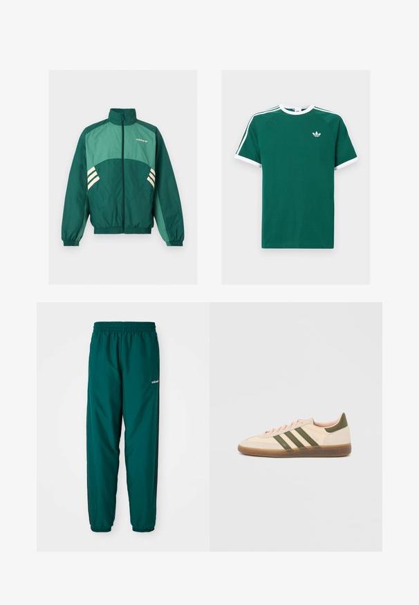 Πράσινο αθλητικό μπουφάν Adidas με φερμουάρ μπροστά, ψηλό γιακά, ελαστικές μανσέτες και τελείωμα, ανοιχτό πράσινα πάνελ και λευκές ρίγες στα πλαϊνά.; Πράσινο βαμβακερό μπλουζάκι με λευκές λεπτομέρειες, featuring κοντά μανίκια, στρογγυλή λαιμόκοψη και τρεις λευκές ρίγες σε κάθε ώμο. Μικρό λογότυπο στο στήθος.; Πράσινο αθλητικό παντελόνι από ελαφρύ ύφασμα, με ελαστική μέση, πλαϊνές τσέπες και μαύρες λωρίδες στις πλευρές. Ορατό λογότυπο Adidas.; Χαμηλού προφίλ μπεζ αθλητικό παπούτσι Adidas Spezial με πράσινες ρίγες, σόλα από καουτσούκ και την επωνυμία "SPEZIAL" στην πλευρά, εμφανίζεται από την εξωτερική πλευρά.