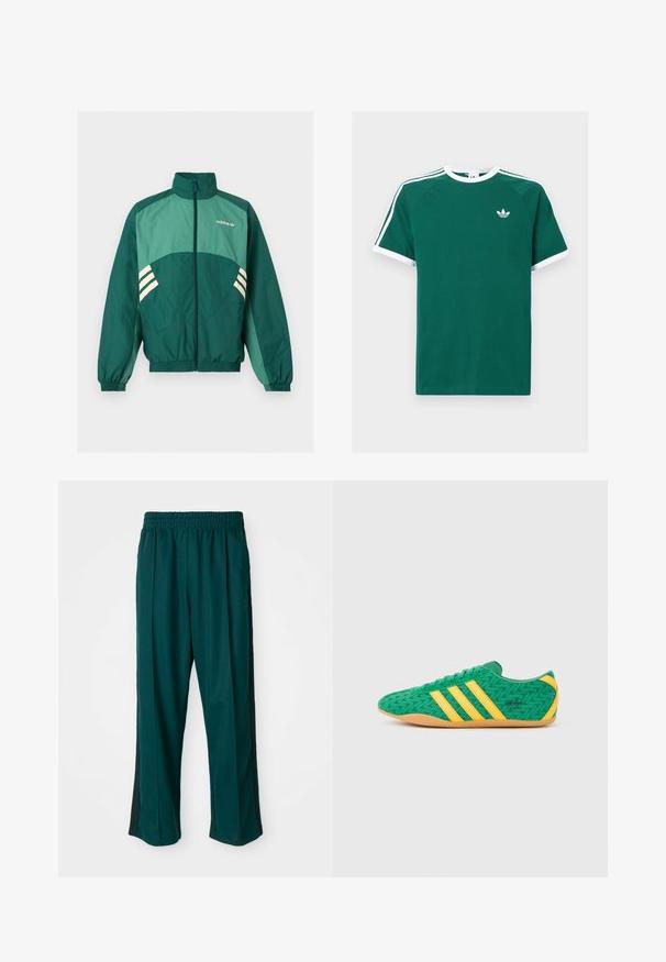 Roheline Adidas trennipluus esilukuga, kõrge kraega, elastsete varrukate ja äärega, heleroheliste paneelide ja valgete triipudega külgedel.; Roheline puuvillane T-särk valgete aktsentidega, lühikeste varrukatega, ümmarguse kaelusega ning iga õla peal kolm valget triipu. Väike logo rinnal.; Tumed rohelised spordipüksid elastse vöökohaga, sirge jala kujundusega ja mustade külgtriipudega. Valmistatud pehmest, venivast kangast.; Rohelised tekstiilsest materjalist tossud kollaste aksentide ja kolme triibuga, millel on siksakmuster ja kummist pruun tald.