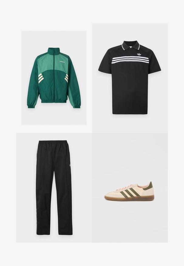 Πράσινο αθλητικό μπουφάν Adidas με φερμουάρ μπροστά, ψηλό γιακά, ελαστικές μανσέτες και τελείωμα, ανοιχτό πράσινα πάνελ και λευκές ρίγες στα πλαϊνά.; Μαύρο πόλο μπλουζάκι με φερμουάρ στο γιακά, που διαθέτει τρεις λευκές οριζόντιες ρίγες στο στήθος και ένα μικρό λογότυπο στο πάνω αριστερό μέρος.; Μαύρο παντελόνι φόρμας με ελαστική μέση, ίσια κοπή, τσέπες με φερμουάρ στο πλάι και λευκές ρίγες στα πλάγια. Λεία υφή.; Χαμηλού προφίλ μπεζ αθλητικό παπούτσι Adidas Spezial με πράσινες ρίγες, σόλα από καουτσούκ και την επωνυμία "SPEZIAL" στην πλευρά, εμφανίζεται από την εξωτερική πλευρά.