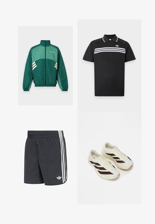 Roheline Adidas trennipluus esilukuga, kõrge kraega, elastsete varrukate ja äärega, heleroheliste paneelide ja valgete triipudega külgedel.; Must must polo särk lühikese tõmblukuga kraega, millel on triibutatud kolme valget horisontaalset triipu üle rinna ning väike logo ülemisel vasakul küljel.; Mustad spordipüksid, millel on tekstuuriga kangas, küljel kolm valget triipu ja väikene valge logo äärise lähedal.; Kerge kreemjas värvitoonis jooksutossud tumedate pruunide diagonaalribadega, tekstureeritud võrkkattega ülisoe ja pehmendustega tallaga. Omaduseks on kollane "ADIZERO" bränding.
