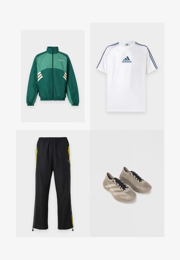 Grøn Adidas træningsjakke med frontlynlås, høj krave, elastiske manchetter og kant, lysegrønne paneler og hvide striber på siderne.; Hvid Adidas T-shirt med blå accenter, korte ærmer og rund hals. Har Adidas-logoet i blå på fronten og tre striber på skuldrene.; Sorte træningsbukser med gule sideaccenter, elastisk talje og lynlåslommer på siden. Fremstillet af let og glat stof.; Par beige sportssko med sorte snørebånd, med et tekstureret, stribet mønster og tre side striber på en ensfarvet baggrund.