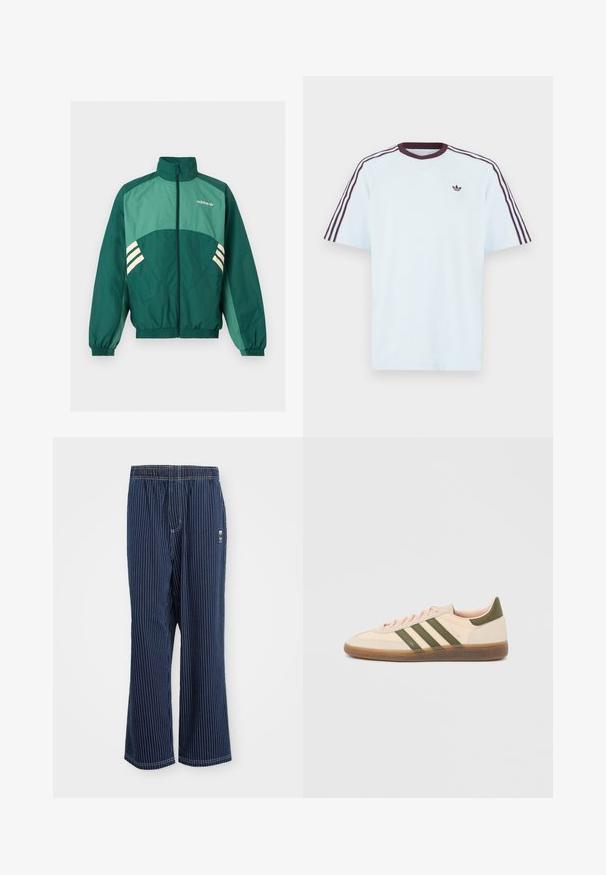 Grøn Adidas træningsjakke med frontlynlås, høj krave, elastiske manchetter og kant, lysegrønne paneler og hvide striber på siderne.; Lyseblå bomulds-T-shirt med korte raglansærmer, maroonstriber langs skuldrene og en lille logo på brystet.; Navy stribede bukser med lyseblå lodrette striber, elastisk talje, bred benudskæring og et lille logo på siden. Stoffet har en glat tekstur.; Beige Adidas Spezial sneaker med lav profil, grønne striber, gummisål og "SPEZIAL"-branding på siden, vist fra ydersiden.