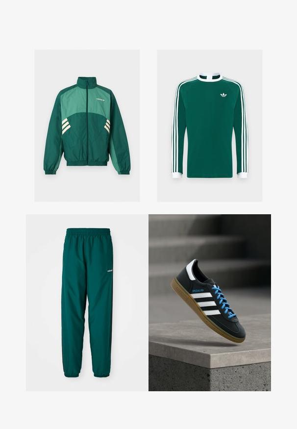 Grüne Adidas Trainingsjacke mit Frontreißverschluss, hohem Kragen, elastischen Bündchen und Saum, hellgrünen Einsätzen und weißen Streifen an den Seiten.; Langarmshirt aus grüner Baumwolle mit weißem Kragen und Bündchen, das auf jedem Arm drei weiße Streifen und ein kleines weißes Logo auf der Brust hat.; Grüne Sporthosen aus leichtem Material, mit einem elastischen Bund, Seitentaschen und schwarzen Seitenstreifen. Adidas-Logo sichtbar.; Schwarzer Adidas-Sneaker mit weißen Streifen, blauen Schnürsenkeln und Gummisohle, der über einer grauen Betontreppe im weichen Licht schwebt.