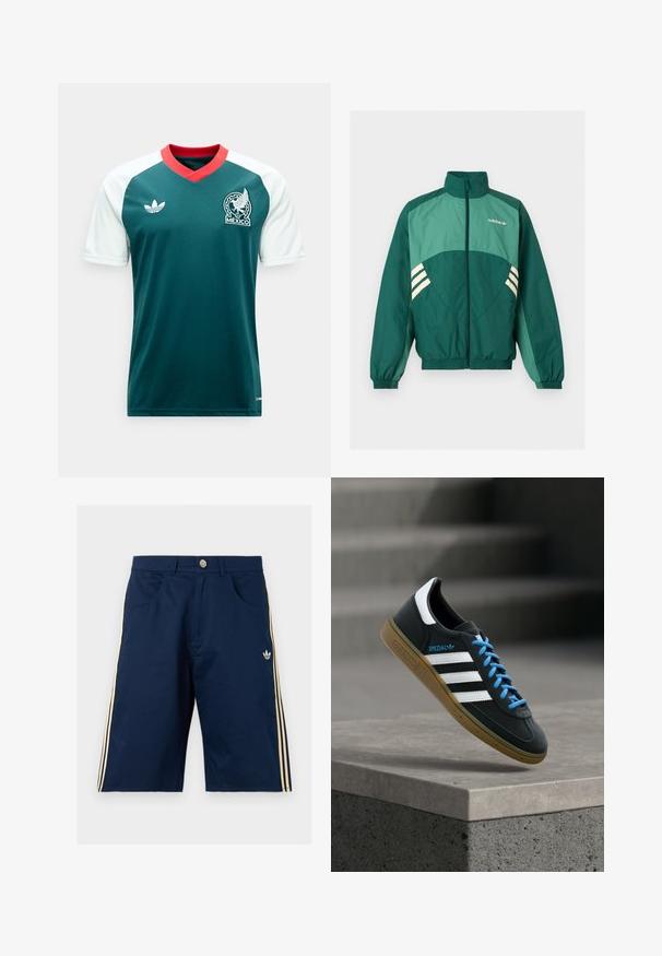 Πράσινο αθλητικό μπουφάν Adidas με φερμουάρ μπροστά, ψηλό γιακά, ελαστικές μανσέτες και τελείωμα, ανοιχτό πράσινα πάνελ και λευκές ρίγες στα πλαϊνά.; Πράσινη φανέλα ποδοσφαίρου με λευκά μανίκια, κόκκινο V-λαιμόκοψη, λογότυπο Adidas στο αριστερό στήθος και έμβλημα της ομάδας του Μεξικού στο δεξί στήθος.; Σκούρο μπλε σορτς Adidas με μπεζ τρεις ρίγες στα πλάγια, μπροστινές τσέπες, κούμπωμα με κουμπί και λογότυπο Adidas trefoil στο δεξί πόδι.; Μαύρο αθλητικό παπούτσι Adidas με λευκές ρίγες, μπλε κορδόνια και καουτσούκ σόλα να αιωρείται πάνω από γκρίζο τσιμεντένιο σκαλοπάτι σε απαλό φως.