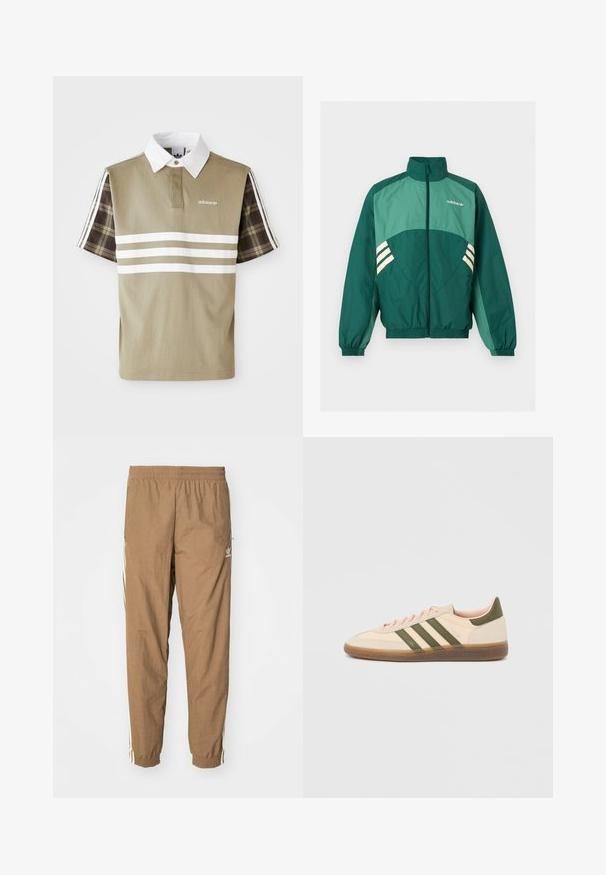Zelená športová bunda Adidas s predným zipsom, vysokým golierom, elastickými manžetami a lemom, svetlozelenými panelmi a bielymi pruhmi po bokoch.; Polo tričko v olivovej zelenej farbe s bielymi pruhmi a károvaným vzorom na krátkych rukávoch. Obsahuje biely golier a logo na hrudi.; Hnedé teplákové nohavice vyrobené z ľahkej tkaniny, s elastickým pásom, zúženými nohavicami a bielymi bočnými pruhmi. Žiadne viditeľné vrecká.; Nízky béžový tenisky Adidas Spezial so zelenými pruhmi, gumovou podrážkou a nápisom „SPEZIAL“ na boku, zobrazené z vonkajšej strany.