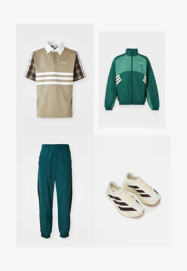 Zelená športová bunda Adidas s predným zipsom, vysokým golierom, elastickými manžetami a lemom, svetlozelenými panelmi a bielymi pruhmi po bokoch.; Polo tričko v olivovej zelenej farbe s bielymi pruhmi a károvaným vzorom na krátkych rukávoch. Obsahuje biely golier a logo na hrudi.; Tyrkysové športové nohavice s viazaním v páse, elastickými manžetami a bočnými čiernymi pruhmi. Vyrobené z ľahkej tkaniny, s logom blízko bedra.; Svetlé krémové bežecké tenisky s tmavohnedými diagonálnymi pruhmi, textúrovaný vrch z sieťoviny a polstrovanú podrážku. Obsahujú žltú značku "ADIZERO".