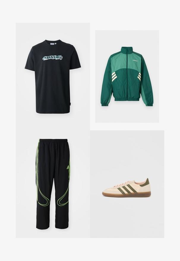 Πράσινο αθλητικό μπουφάν Adidas με φερμουάρ μπροστά, ψηλό γιακά, ελαστικές μανσέτες και τελείωμα, ανοιχτό πράσινα πάνελ και λευκές ρίγες στα πλαϊνά.; Μαύρο βαμβακερό T-shirt με κοντά μανίκια, με γυαλιστερό, πολύχρωμο λογότυπο "ADIDAS" στο μπροστινό μέρος. Κλασικός σχεδιασμός με στρογγυλή λαιμόκοψη.; Μαύρα αθλητικά παντελόνια Adidas με νεον πράσινες καμπύλες γραμμές και τρεις ρίγες στα πλάγια, ελαστική μέση και λογότυπο Adidas στο μπροστινό μπούστο.; Χαμηλού προφίλ μπεζ αθλητικό παπούτσι Adidas Spezial με πράσινες ρίγες, σόλα από καουτσούκ και την επωνυμία "SPEZIAL" στην πλευρά, εμφανίζεται από την εξωτερική πλευρά.