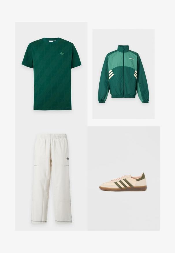 Grøn Adidas træningsjakke med frontlynlås, høj krave, elastiske manchetter og kant, lysegrønne paneler og hvide striber på siderne.; Mørkegrøn T-shirt med korte ærmer og rund hals, med subtile diagonale Adidas Trefoil logoer og et lille Trefoil logo på venstre bryst.; Hvide atletikbukser med elastisk taljebånd, sidelommer og sort adidas-logo samt syninger som detaljer. Glat, letvægtsstof.; Beige Adidas Spezial sneaker med lav profil, grønne striber, gummisål og "SPEZIAL"-branding på siden, vist fra ydersiden.