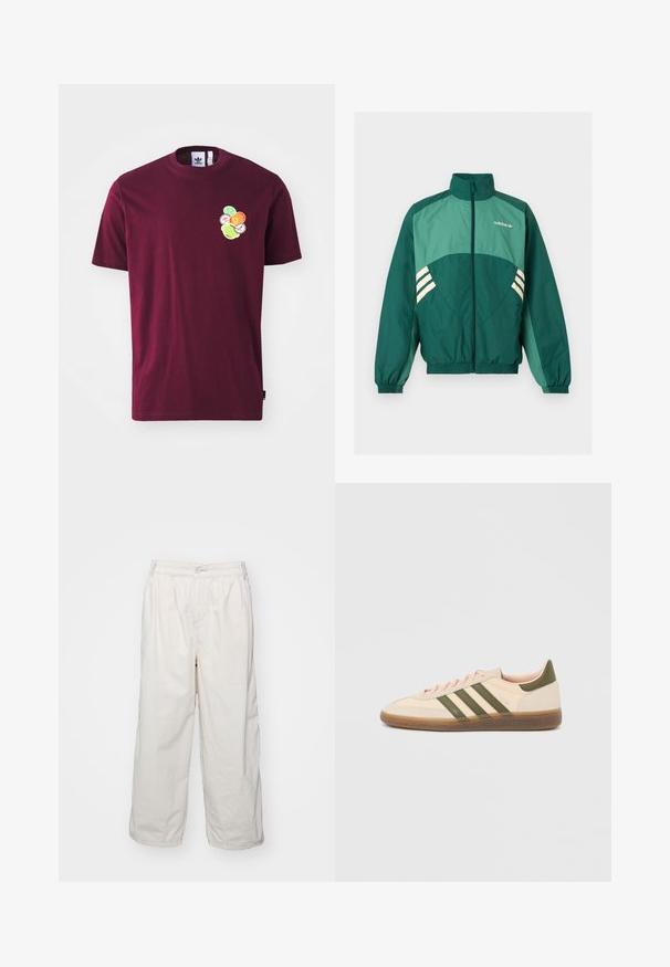 Grüne Adidas Trainingsjacke mit Frontreißverschluss, hohem Kragen, elastischen Bündchen und Saum, hellgrünen Einsätzen und weißen Streifen an den Seiten.; Bordeauxfarbendes Baumwoll-T-Shirt mit kurzen Ärmeln und Rundhalsausschnitt. Mit einem gestickten Grafikmotiv auf der linken Brust, das bunte, kreisförmige Designs umfasst.; Weiße Baumwoll-Hosen mit weitem Bein und elastischem Bund, ausgestattet mit einem vorderen Knopfverschluss und seitlichen Taschen. Glatte Textur und minimalistisches Design.; Flacher, beigefarbener Adidas Spezial Sneaker mit grünen Streifen, Gummisohle und "SPEZIAL" Schriftzug an der Seite, von der Außenseite gezeigt.