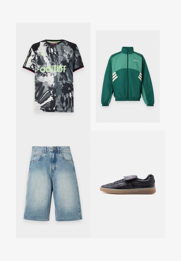 Roheline Adidas trennipluus esilukuga, kõrge kraega, elastsete varrukate ja äärega, heleroheliste paneelide ja valgete triipudega külgedel.; Lühikeste varrukatega, ümar kaelusega spordisärgid musta, valge ja halli abstraktse mustriga; sisaldab neoonrohelist "adiTUFF" logo ja roosa aksente.; Hele sinised teksapüksid, millel on lõdva lõikega viiepunktiline disain ja tuhmunud viimistlus. Omavad nööpviimistlust ja vöökriipse.; Must madal tenniskomplekt tekstuurse mustriga, kummist tald, eespaelad ja külje- ning keeletalal logoga "ICEBERG".