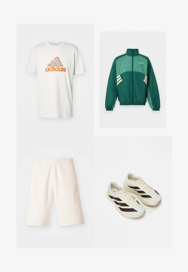 Πράσινο αθλητικό μπουφάν Adidas με φερμουάρ μπροστά, ψηλό γιακά, ελαστικές μανσέτες και τελείωμα, ανοιχτό πράσινα πάνελ και λευκές ρίγες στα πλαϊνά.; Λευκό βαμβακερό T-shirt με μεγάλο λογότυπο Adidas σε πορτοκαλί και ασημί χρώμα, συνοδευόμενο από τρεις διαγώνιες γραμμές. Έχει κοντά μανίκια και στρογγυλή λαιμόκοψη.; Κρέμα χρώματος βαμβακερές κοντές παντελόνες με ελαστική μέση, πλαινές τσέπες και διακριτικό λογότυπο στο αριστερό πόδι. Λείο υλικό και σχεδίαση μέχρι το γόνατο.; Ανοιχτόχρωμα αθλητικά παπούτσια με σκούρες καφέ διαγωνίους ρίγες, υφασμάτινο επάνω μέρος με υφή και μαλακή σόλα. Διαθέτει κίτρινη σήμανση "ADIZERO".