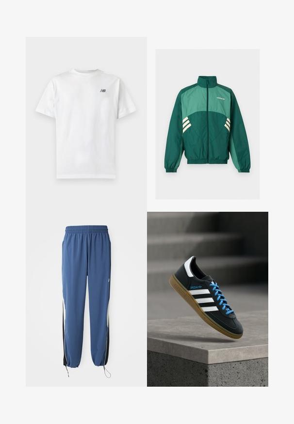 Zelená športová bunda Adidas s predným zipsom, vysokým golierom, elastickými manžetami a lemom, svetlozelenými panelmi a bielymi pruhmi po bokoch.; Biele tričko s krátkym rukávom a okrúhlym výstrihom s malým čiernym logom New Balance v hornej ľavej časti hrudníka na jednofarebnom svetlom pozadí.; Modré športové nohavice s elastickým pásom, zúženým strihom a čiernymi bočnými panelmi. Obsahujú šnúrku na manžetách a emblém s logom.; Čierna teniska Adidas s bielymi pruhmi, modrými šnúrkami a gumovou podrážkou, ktorá sa vznáša nad sivým betónovým schodom v mäkkom svetle.