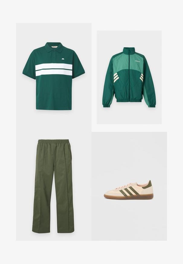 Groene Adidas trainingsjas met een rits aan de voorkant, hoge kraag, elastische manchetten en zoom, lichtgroene panelen en witte strepen aan de zijkanten.; Groene polo shirt van katoen met een witte horizontale streep over de borst. Voorzien van een klassieke kraag en een klein logo aan de linkerkant.; Groene, lichte, wijd uitlopende broek met een elastische tailleband en zijzakken. Soepele textuur met een losse pasvorm, ontworpen voor comfort.; Beige Adidas Spezial sneaker met een laag profiel, groene strepen, een gumkleurige zool en "SPEZIAL" branding aan de zijkant, gezien vanaf de buitenzijde.