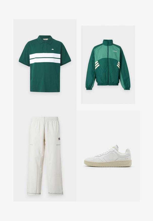 Chaqueta deportiva verde de Adidas con cremallera frontal, cuello alto, puños y bajo elásticos, paneles verde claro y franjas blancas en los laterales.; Camisa polo verde de algodón con una franja horizontal blanca en el pecho. Presenta un cuello clásico y un pequeño logo en el lado izquierdo.; Pantalones deportivos blancos con cintura elástica, bolsillos laterales y logo de adidas en negro con detalles de costuras. Tejido liso y ligero.; Zapatillas blancas de cuero con un acabado texturizado y cuello acolchado. Cuentan con una suela de goma beige y un sutil logotipo en el talón y el lado.