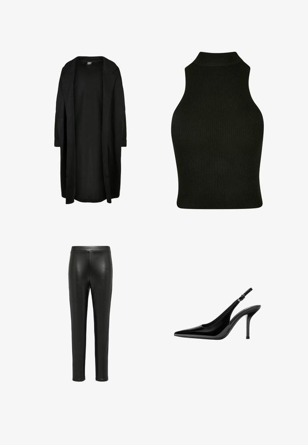 Urban Classics MODAL TERRY OVERSIZED - Klassischer Mantel - black; Schwarzes, geripptes, ärmelloses Oberteil mit hohem Kragen, das ein figurbetontes Design und einen strukturierten Stoff aufweist.; Schwarze Lederleggings mit einer taillierten Passform, glatter Textur und hoher Taille. Die Beine verjüngen sich bis zur Knöchellänge, ohne sichtbare Hardware.; Schwarzer Slingback-Pumps aus Lackleder mit spitzer Kappe und verstellbarem Schnallenriemen vor weißem Hintergrund.