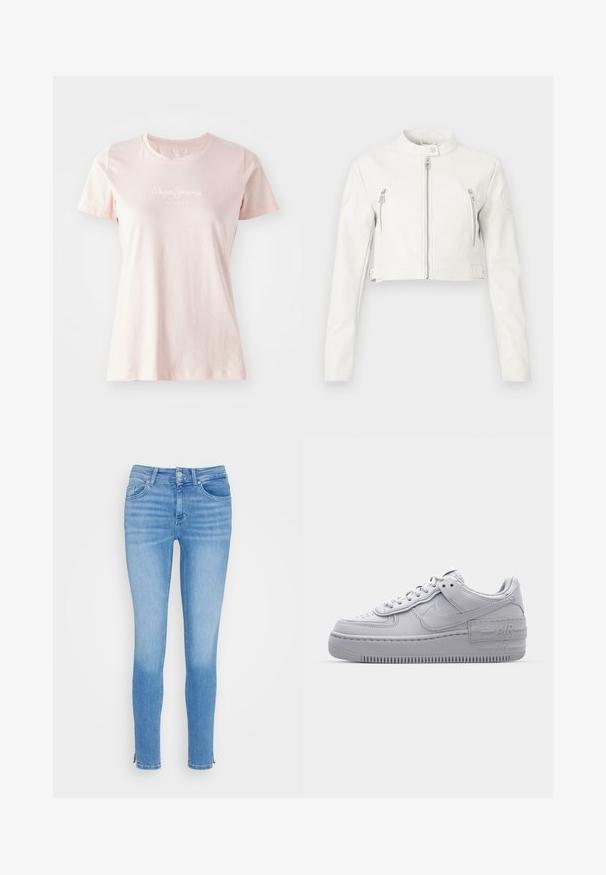 Chaqueta corta blanca hecha de cuero suave. Cuenta con un cuello alzado, cremalleras frontales y dos bolsillos en el pecho con un diseño elegante.; Camiseta de manga corta rosa claro hecha de algodón. Presenta un cuello redondo y el logo "Pepe Jeans London" en blanco en la parte frontal.; Jeans skinny azul claro hechos de denim, con una cintura de altura media, cinco bolsillos y un dobladillo sin rematar en el tobillo para un acabado moderno.; Zapatilla Nike Air Force 1 gris con puntera perforada, parte superior de cuero suave, suela gruesa y detalle en relieve 'AIR' en el talón.