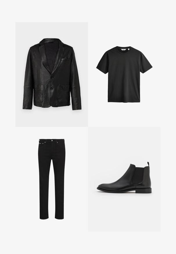 Schwarze Lederblazer mit klassischem Reverskragen, zwei vorderen Taschen und zwei Knöpfen, verfügt über eine glatte, strukturierte Oberfläche und ein gestepptes Futter.; Schwarzes T-Shirt mit kurzen Ärmeln und Rundhalsausschnitt, mittlere Größe, schlichtes Design, auf weißem Hintergrund dargestellt.; Schwarze Slim-Fit-Jeans mit Frontknopf, Gürtelschlaufen und sichtbaren Fronttaschen, dargestellt auf weißem Hintergrund.; Schwarze Leder-Chelsea-Stiefel mit elastischen seitlichen Riemen, einer abgerundeten Kappe und einem niedrigen Absatz. Glatte Textur mit minimalistischer Gestaltung.