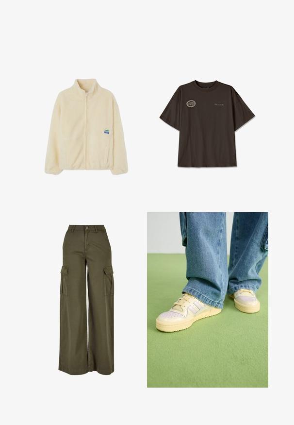 Veste en polaire couleur crème avec fermeture éclair sur le devant, col montant et poches latérales. Elle présente un petit écusson de marque multicolore sur la poitrine gauche.; T-shirt oversized marron foncé en coton, avec un patch rond sur la poitrine gauche représentant une maison et le mot "PEGADOR" en gris clair.; Pantalons cargo larges en vert olive avec deux poches latérales, fabriqués à partir d'un tissu doux et durable. Présente une couture détaillée et une fermeture à bouton.; Baskets avec une tige crème et une semelle en caoutchouc texturée, présentant des détails perforés et des accents superposés en bleu pâle et beige.