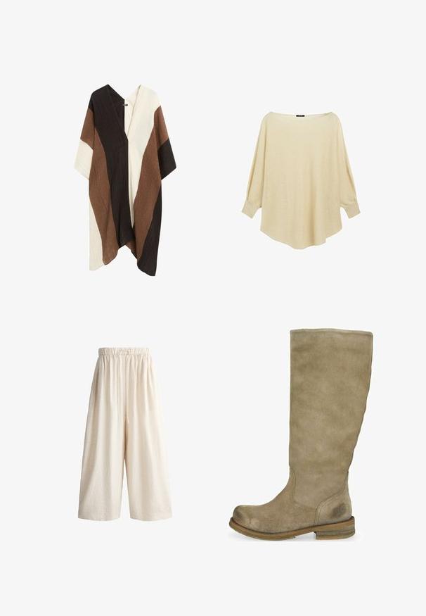 Cardigan ample style kimono avec manches larges en tissu fluide, présentant des blocs de couleurs verticaux en noir, marron et crème.; Pull ample crème avec large encolure bateau et manches longues resserrées aux poignets ajustés.; Pantalon ample en lin beige avec taille élastique et cordon devant, longueur raccourcie, sans poches ni motifs visibles.; Botte en suède beige, hauteur genoux, avec un bout arrondi et une finition texturée. Talon en bois marron, avec un détail de logo subtil près de la cheville.