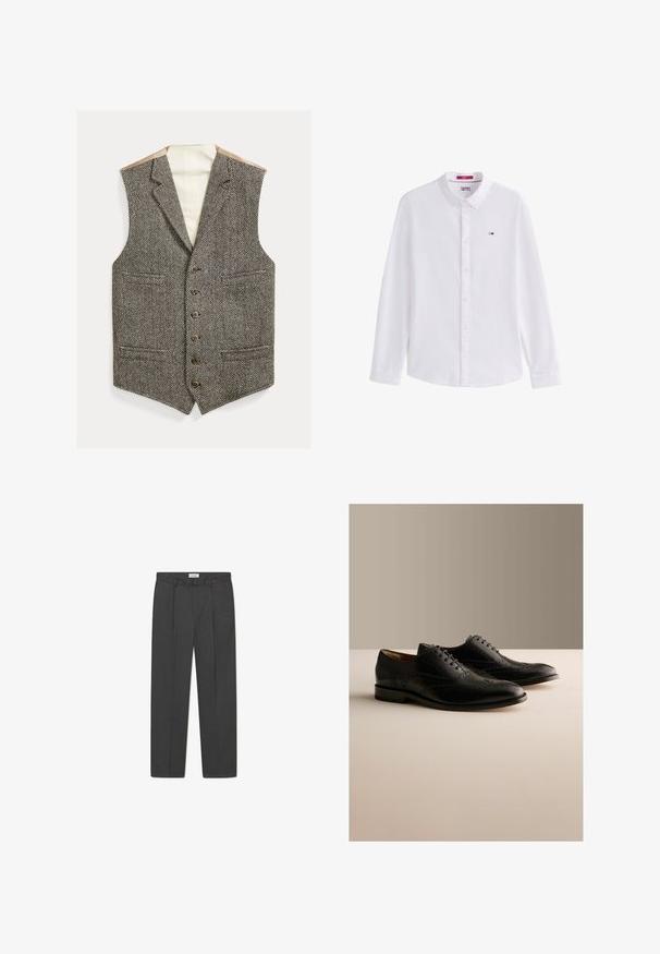 Chaleco de espiga en marrón y crema con cuello con muesca, seis botones y dos bolsillos delanteros. Interior forrado en tela beige.; Camisa blanca de manga larga con botones, cuello y pequeño logo de Tommy Jeans en el lado izquierdo del pecho.; Pantalones grises a medida con un sutil patrón de cuadro, tejido texturizado y pliegues delanteros, presentando una cinturilla con pasadores para cinturón.; Par de zapatos de vestir brogue de cuero negro con detalles estilo wingtip y cordones sobre una superficie clara con fondo beige.