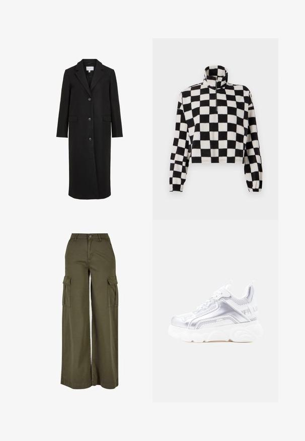 Sort uldfrakke med skræddersyet design, der har en spids krave, lange ærmer, tre frontknapper og sidelommer. Glat tekstur.; Fleece cropped pullover med høj krave, der har et sort-hvidt ternet mønster, halvlynlås foran og elastiske ærmekanter.; Olivengrønne bredde cargo bukser med to sidelommer, lavet af et blødt, holdbart stof. Har detaljeret syning og en knaplukning.; Hvid og sølvfarvet chunky sneaker med tyk, struktureret sål, mesh- og syntetiske paneler, rundet tå og trækflig på hælen.