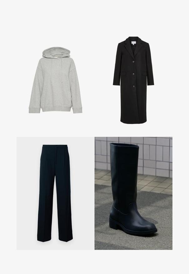 Sort uldfrakke med skræddersyet design, der har en spids krave, lange ærmer, tre frontknapper og sidelommer. Glat tekstur.; Grå hætte sweatshirt med en afslappet pasform, der har lange ærmer, snøre og ribbede manchetter. Lavet af blødt, struktureret stof.; Sorte vide benbukser lavet af glat stof, med høj talje, frontfolder og et enkelt, minimalistisk design.; Høj sort læderstøvle med lav chunky hæl, der står på fortov nær flisebeklædt væg baggrund.