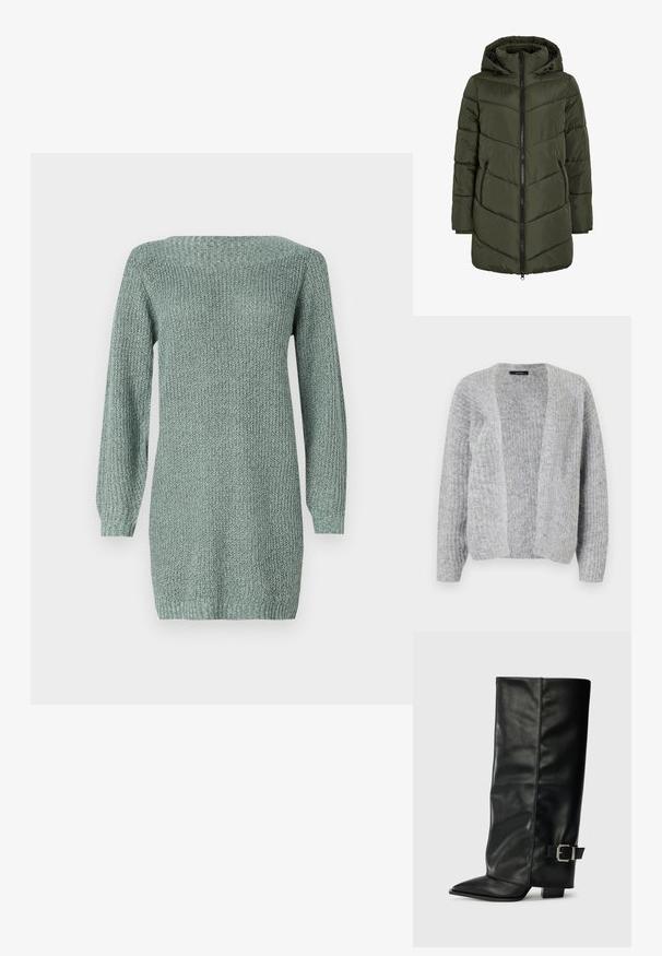 Olivgrüne Steppjacke mit Kapuze, ausgestattet mit einem Reißverschluss vorne, Seitentaschen und Zickzacknähten für Textur und Isolierung.; Vero Moda VMNOVAH - Strickjacke - medium grey; Strickkleid in Hellgrün mit langen Ärmeln, weitem Ausschnitt und strukturiertem Stoff. Verfügt über einen geraden Schnitt und einen gerippten Saum.; Schwarze Lederstiefeletten in Knöchellänge mit spitzem Zehenbereich, glatter Oberfläche und silberner Schnallenakzent an der Seite. Massiver, quadratischer Absatz.